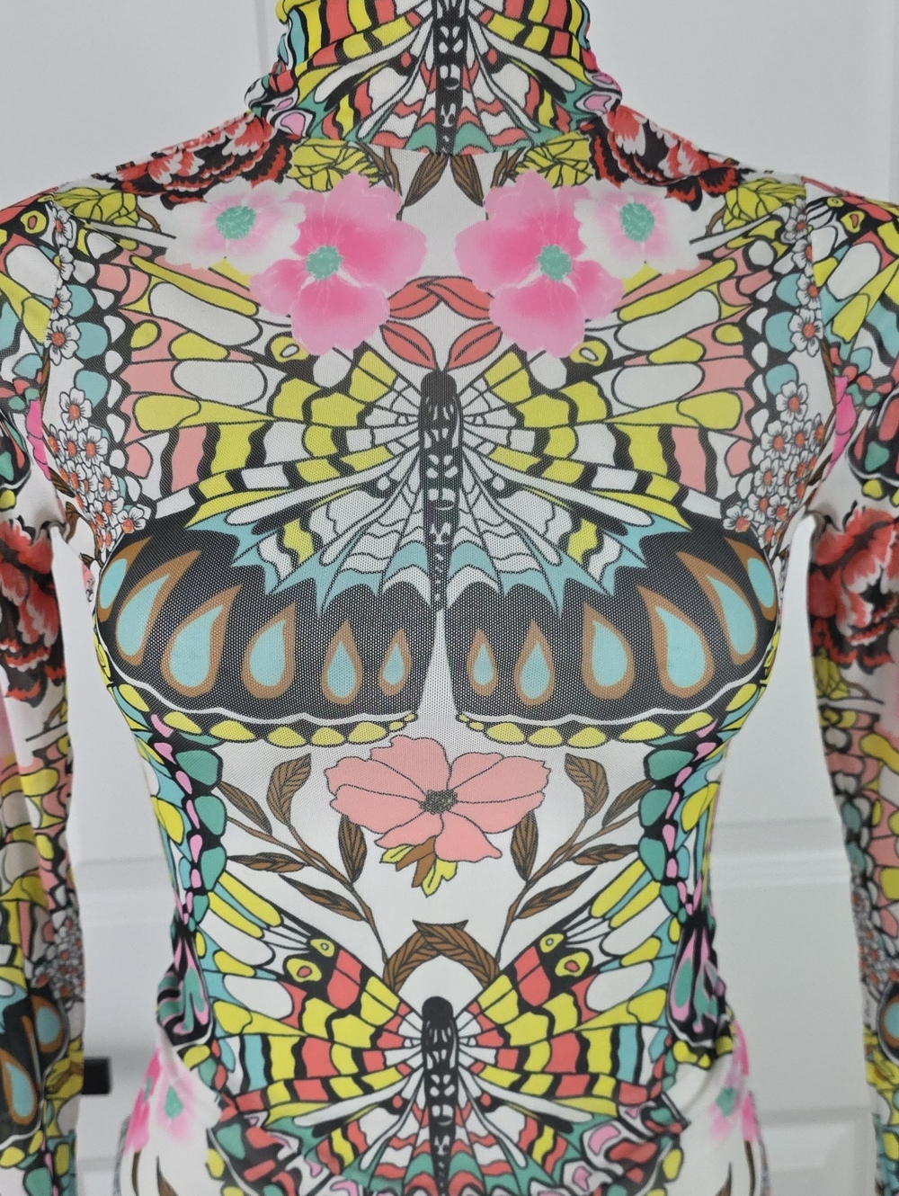 Afrm Hippie Mesh Multicolor Butterfly Floral Print Turtleneck Longsleeve Top - Picture 3 of 8